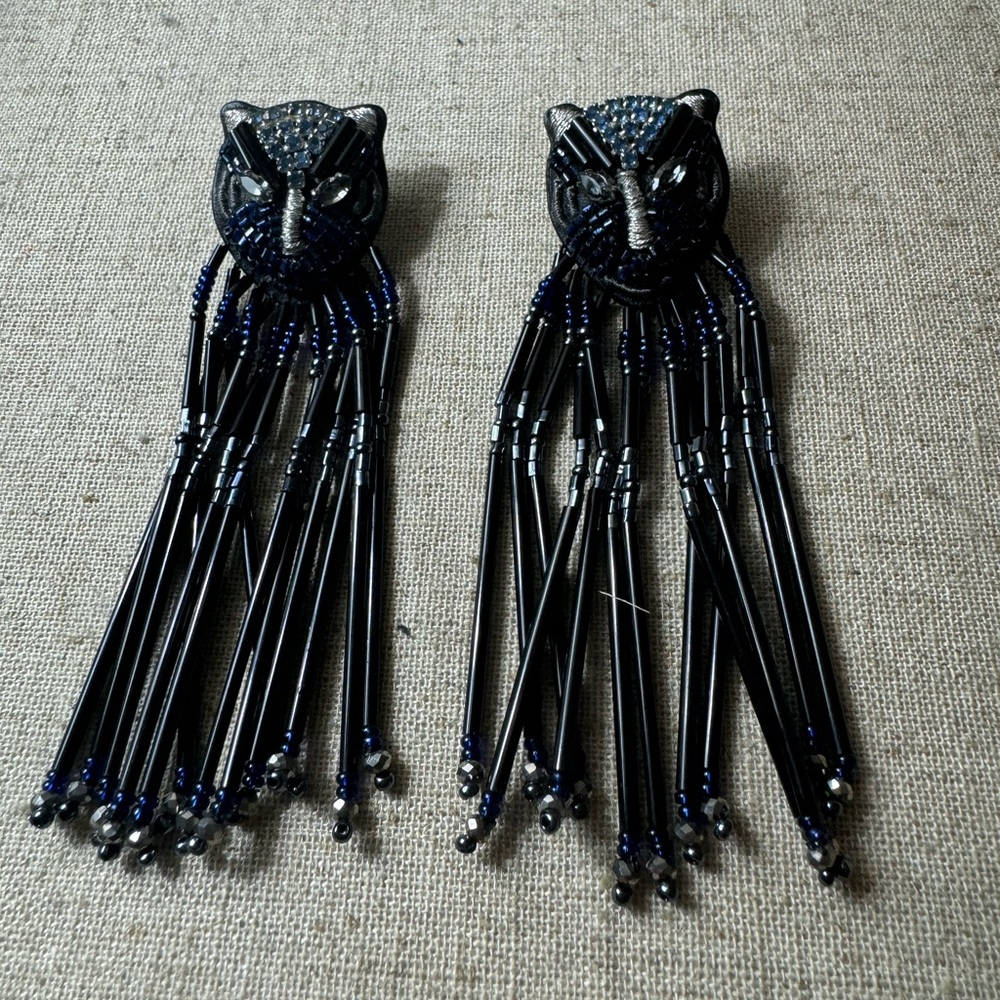 Blue Sparkly Panther Fringe Earrings